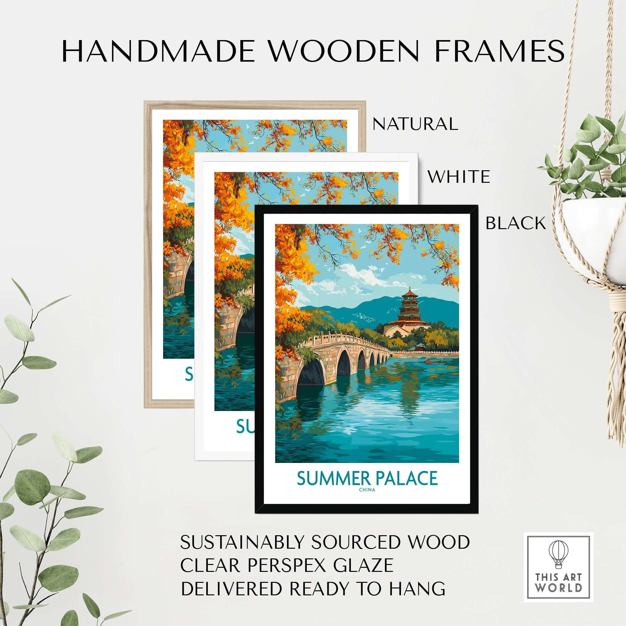 Handmade wooden frames for Summer Palace China Autumn Foliage Poster - Scenic Beijing Lake Wall Art in natural, white, and black.