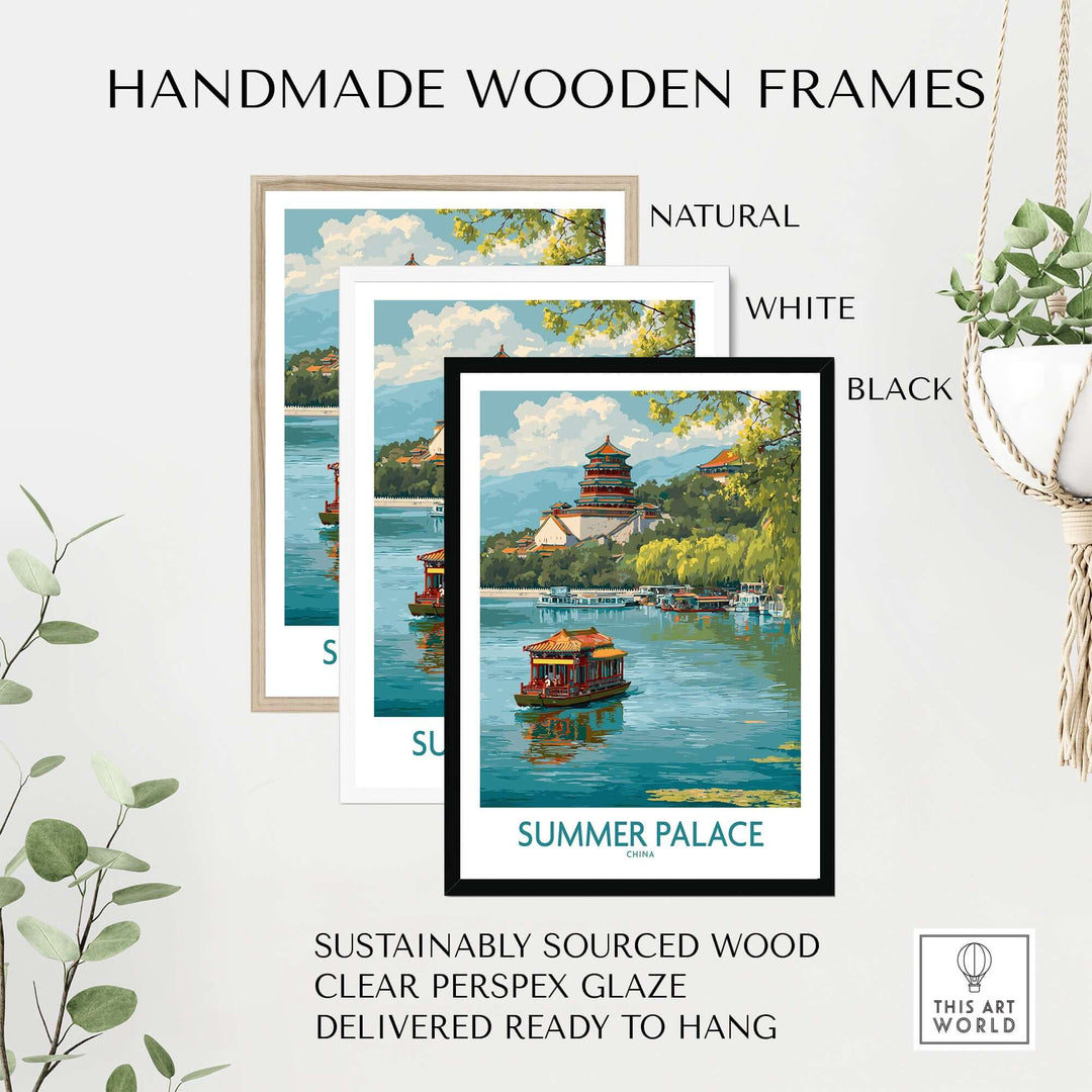 Handmade wooden frames in natural, white, and black for Summer Palace wall art, showcasing elegant design and sustainable materials.
