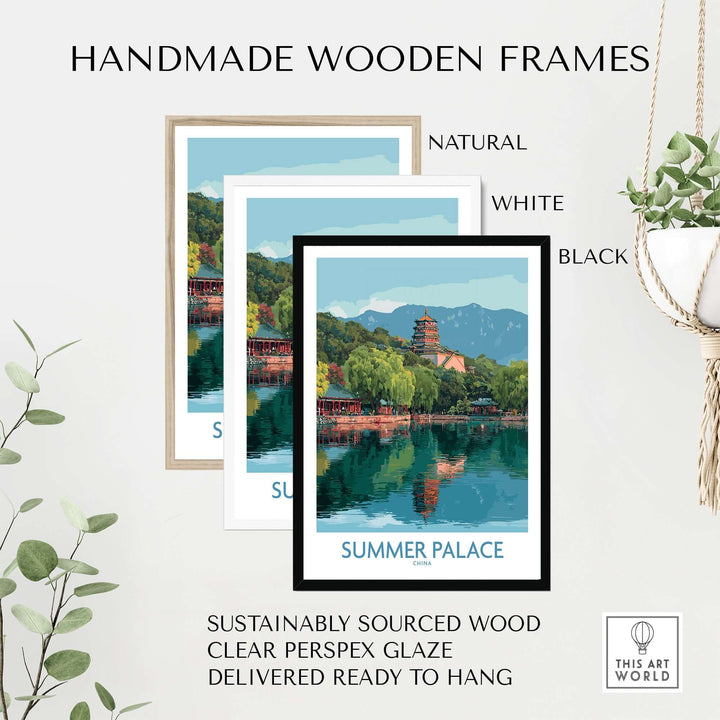 Handmade wooden frames in natural, white, and black for Summer Palace print, featuring sustainably sourced wood.