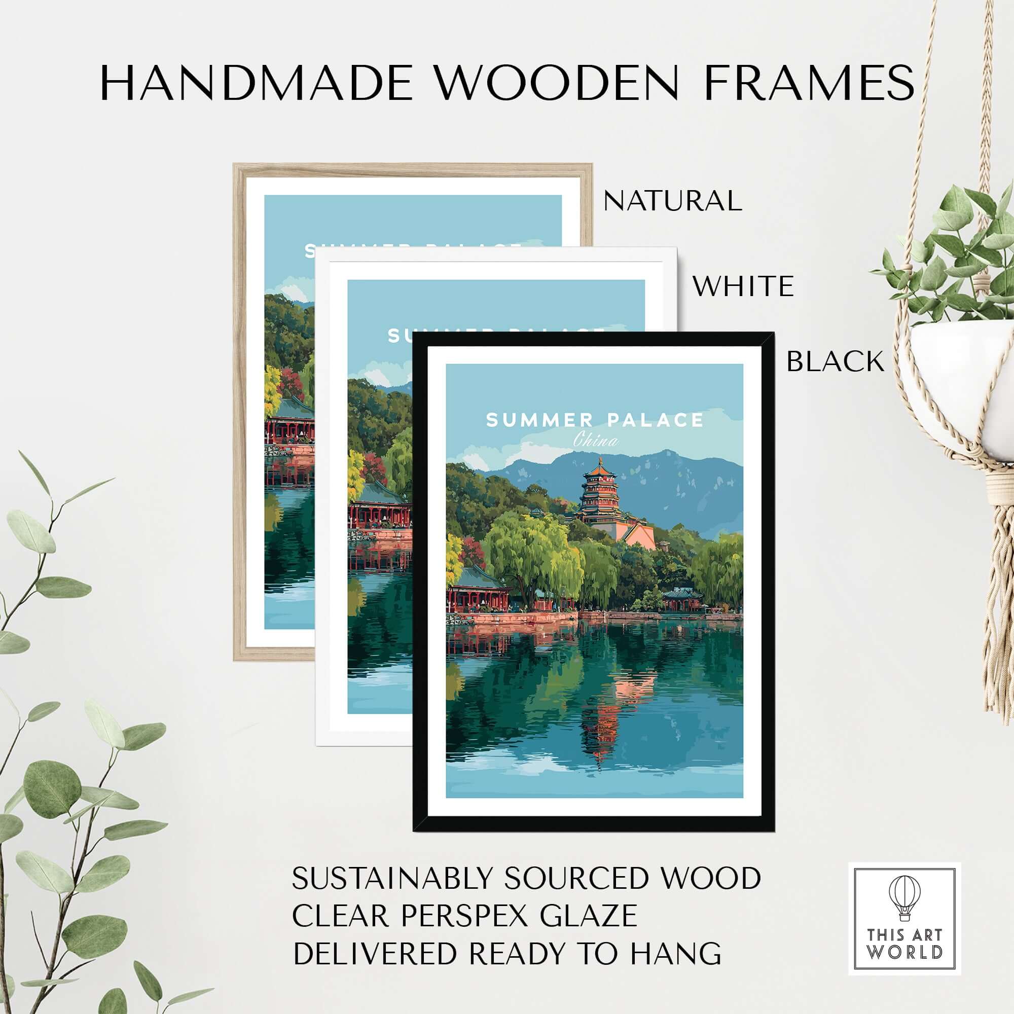 Summer Palace China Lake View Poster - Beijing Imperial Garden Wall Art displayed in handmade wooden frames.