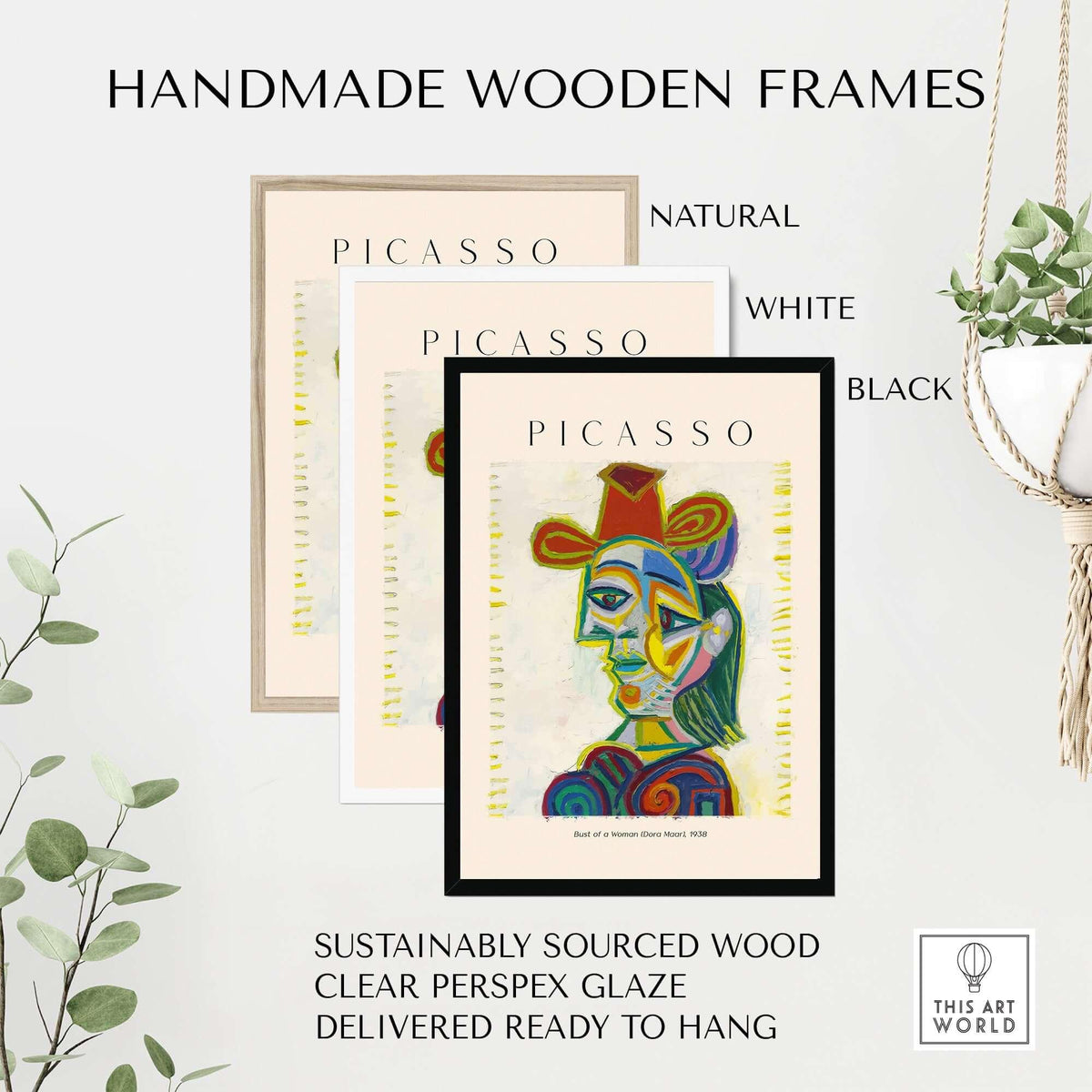 Handmade wooden frames for Picasso Bust Woman Dora Maar 1938 Portrait Art Print Colorful Cubist Poster Wall Art.