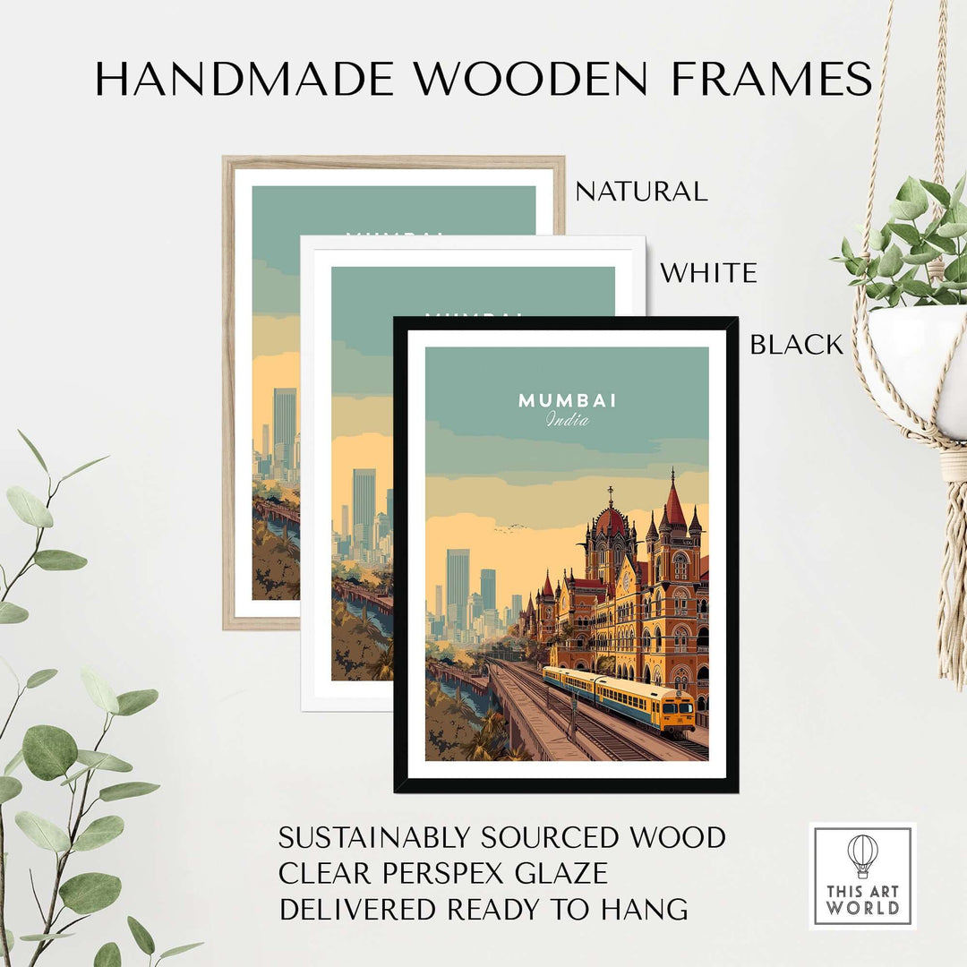 Handmade wooden frames in natural, white, and black for Mumbai art print, made from sustainably sourced wood.