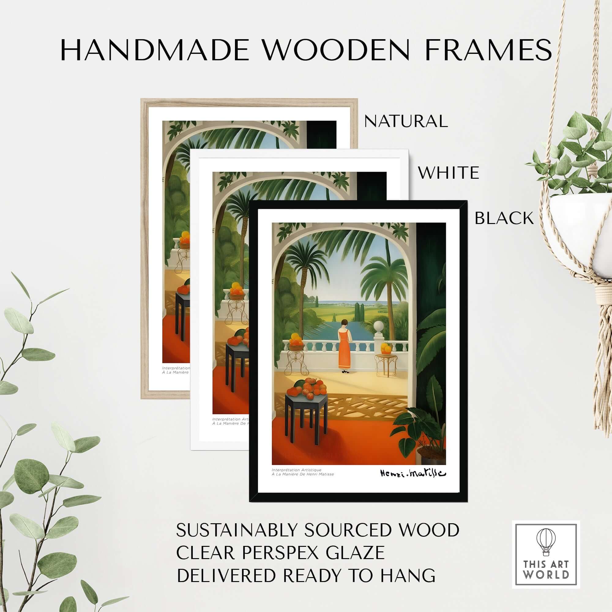 Matisse Art Prints - Woman on Balcony Sea View Poster framed in natural, white, and black handmade wooden frames.