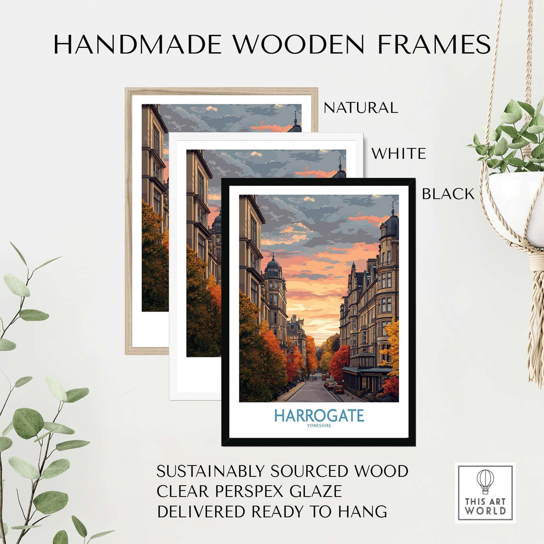 Harrogate Yorkshire Autumn Street Art Print | Sunset Avenue Poster framed in natural, white, and black handmade wooden frames
