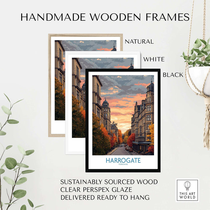 Harrogate Yorkshire Autumn Street Art Print | Sunset Avenue Poster framed in natural, white, and black handmade wooden frames