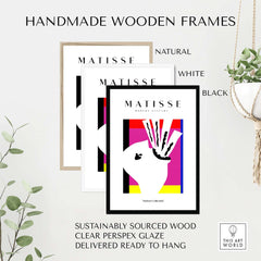 Matisse Art Prints -Abstract Head  Jazz Series Colorful Blocks Wall Art framed in handmade wooden frames, natural, white, and black.