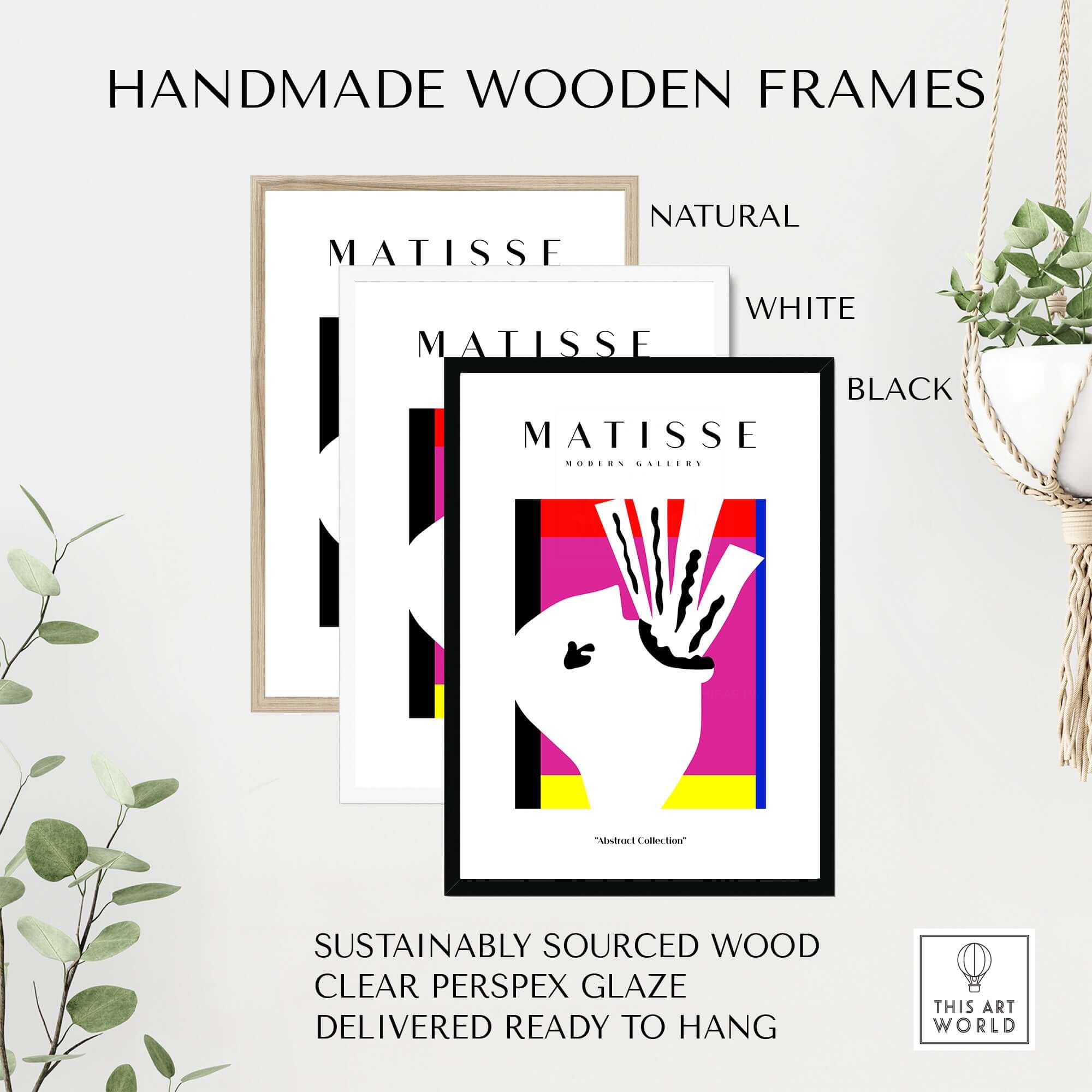 Matisse Art Prints -Abstract Head  Jazz Series Colorful Blocks Wall Art framed in handmade wooden frames, natural, white, and black.