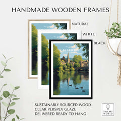 Handmade wooden frames in natural, white, and black colors for Bakewell Wall Art - River Wye Print - Charming English Village Decor.