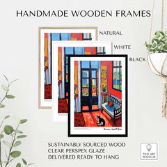 Matisse Art Prints - Interior with Cat and Open Door Poster framed in handmade wooden frames in natural, white, and black.