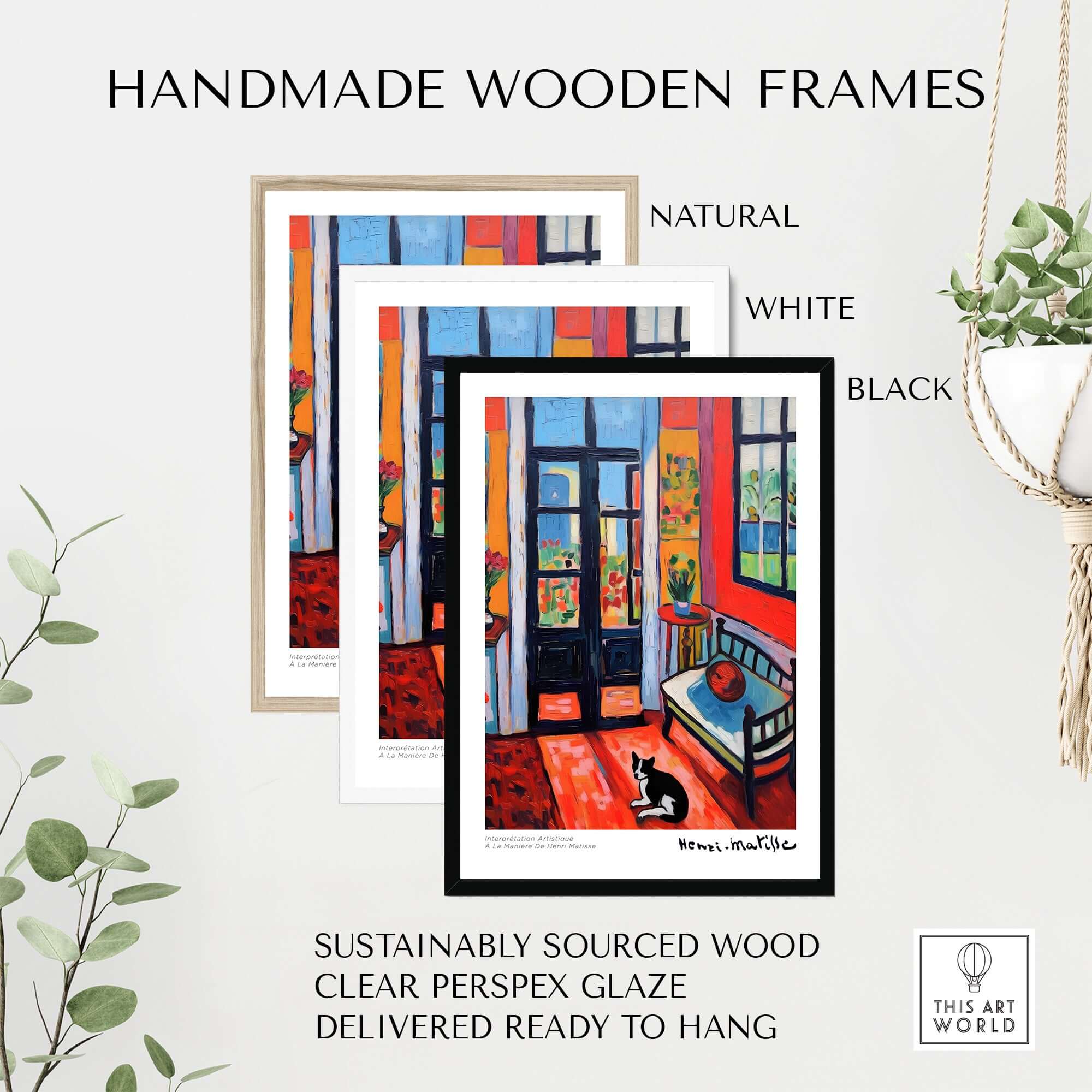 Matisse Art Prints - Interior with Cat and Open Door Poster framed in handmade wooden frames in natural, white, and black.