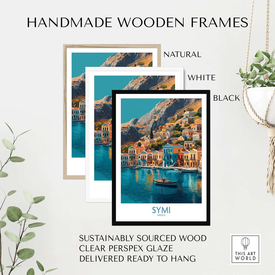 Symi Greece Poster framed in handmade wooden frames: natural, white, and black, enhancing Mediterranean charm.