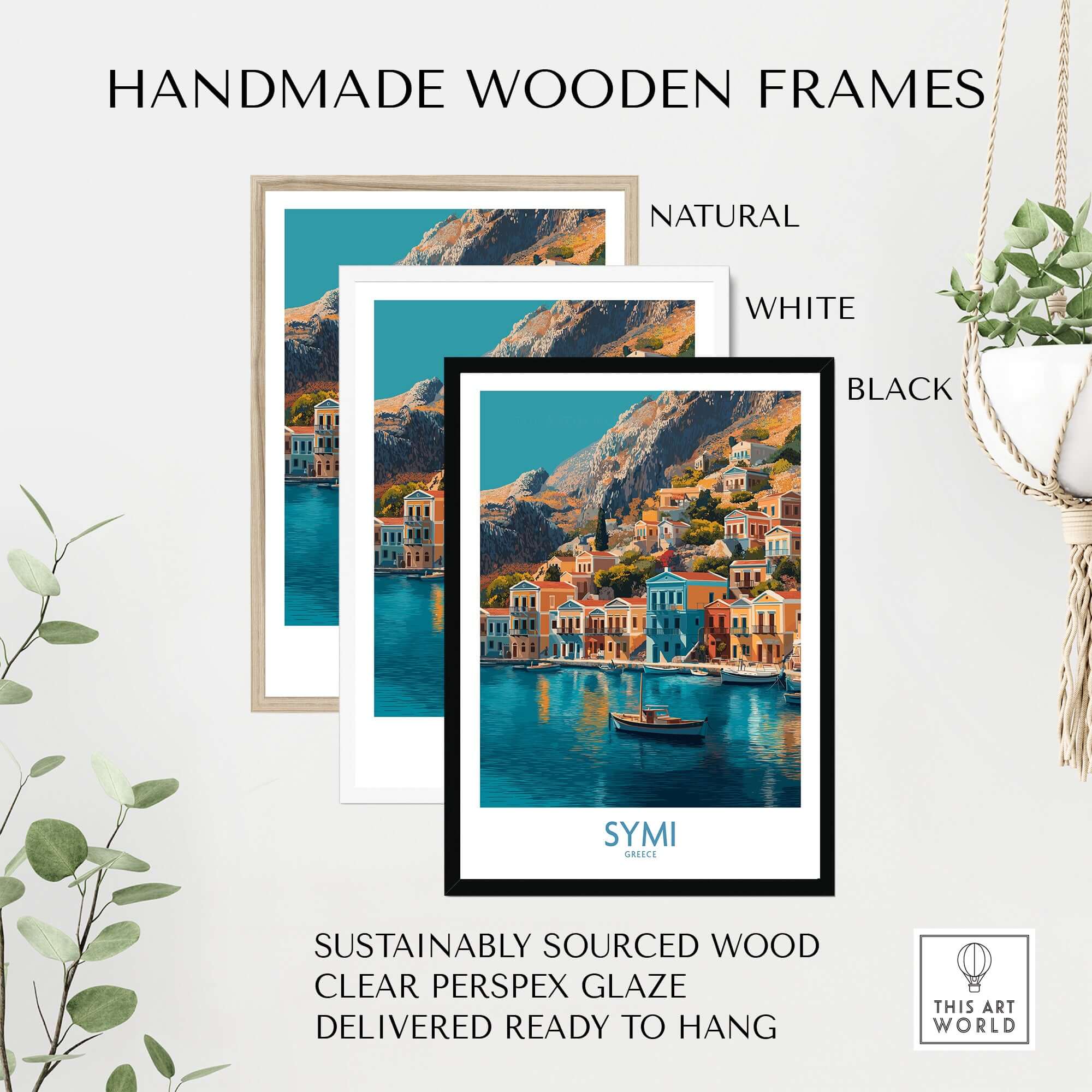 Symi Greece Poster displayed in three handmade wooden frames: natural, white, and black with clear Perspex glaze.