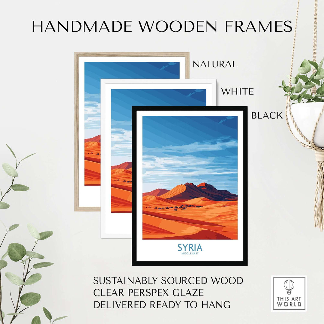 Handmade wooden frames in natural, white, and black for Syria Desert Landscape Poster, sustainably sourced and ready to hang.