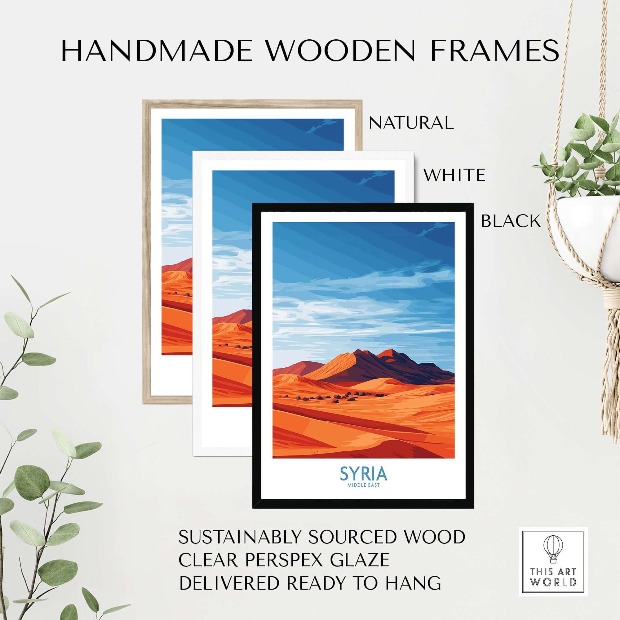 Syria Desert Landscape Poster - Middle East Travel Print - Abstract Sand Dune Wall Art framed in natural, white, and black handmade wooden frames.