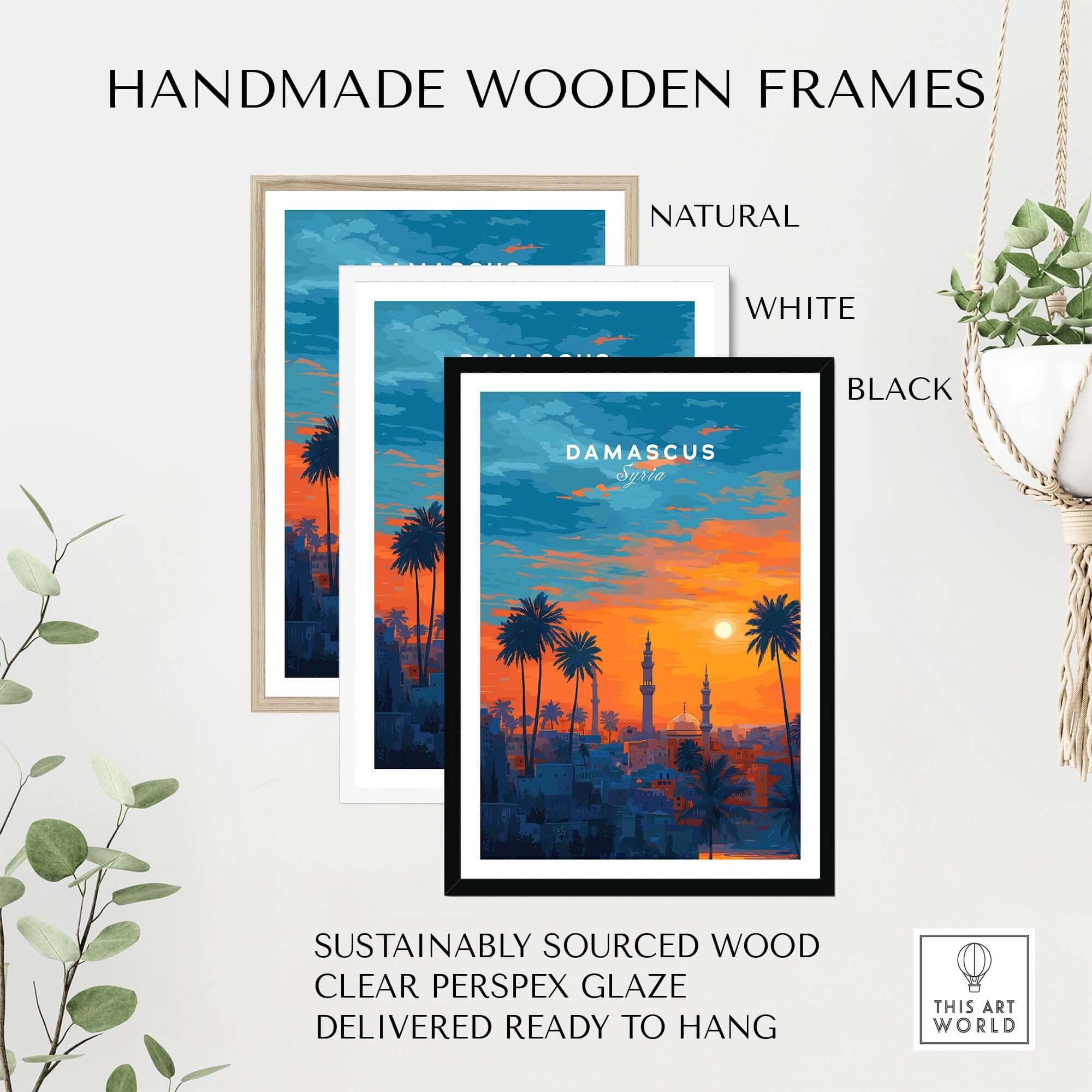 Handmade wooden frames for Syrian City Sunset Print - Historic Damascus Skyline Poster - Palm Tree Wall Art.