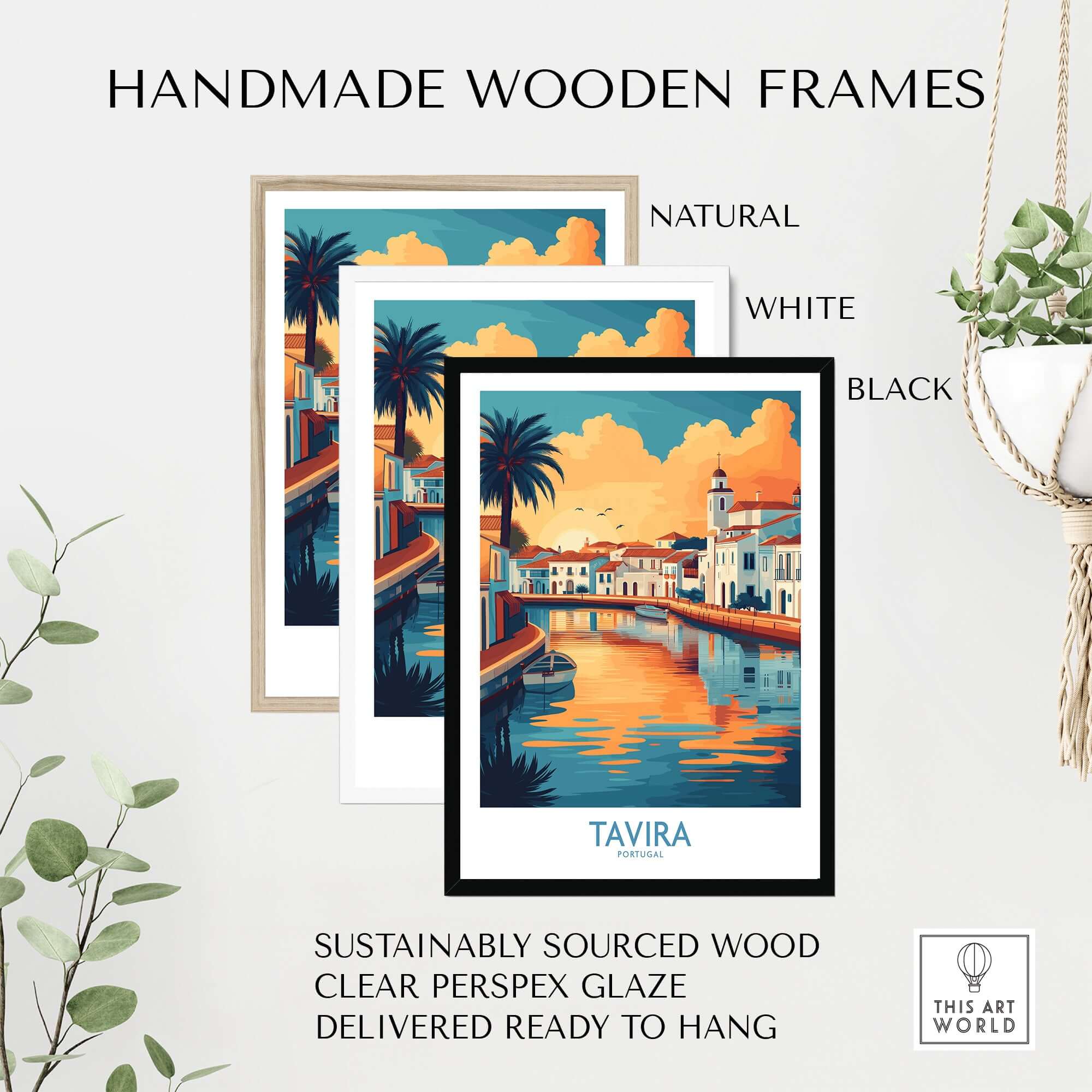 Handmade wooden frames for Tavira Sunset Poster, Portugal Travel Print, Algarve Wall Art in natural, white, and black.