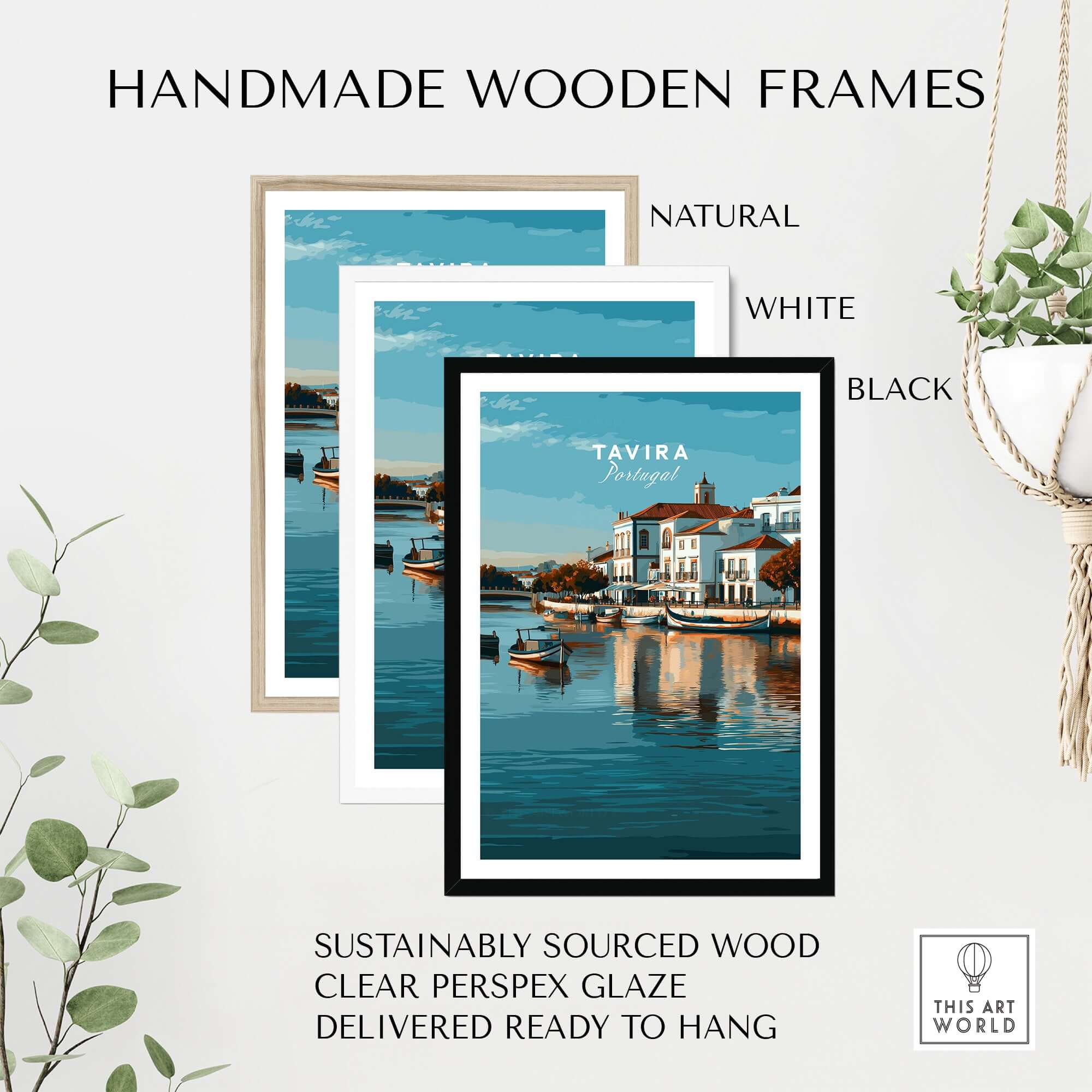 Algarve Tavira Wall Decor, Portugal Cityscape Poster, River Gilão Print with handmade wooden frames in natural, white, and black.