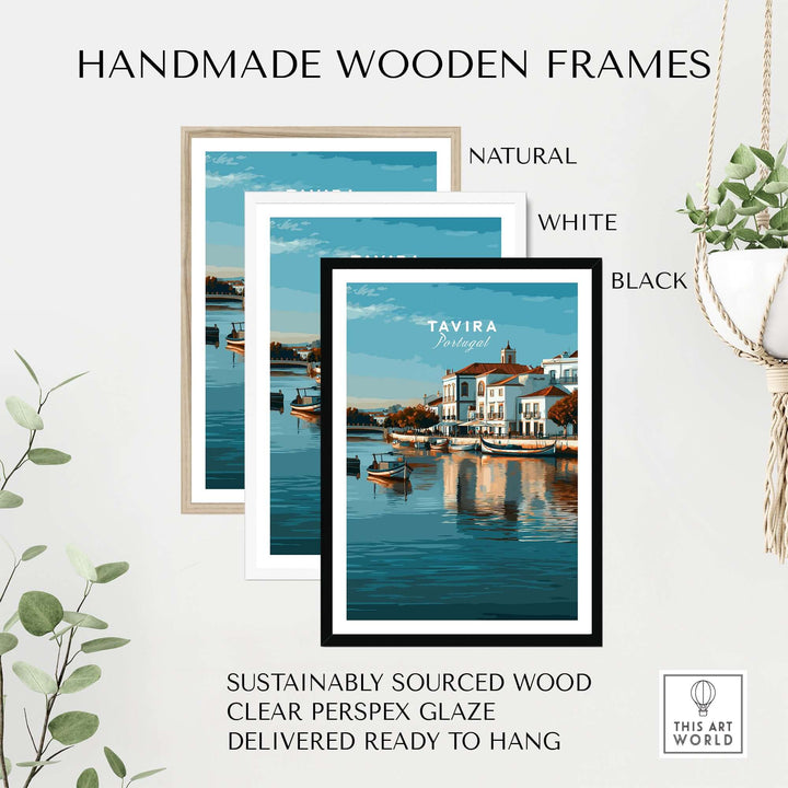 Handmade wooden frames in natural, white, and black for Algarve Tavira wall decor. Sustainably sourced wood, ready to hang.