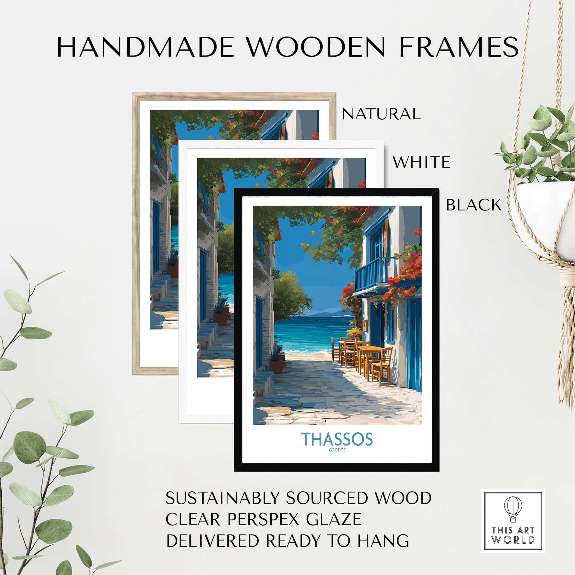 Thassos Greece Print | Island Beach Poster displayed in handmade wooden frames in natural, white, and black finishes.