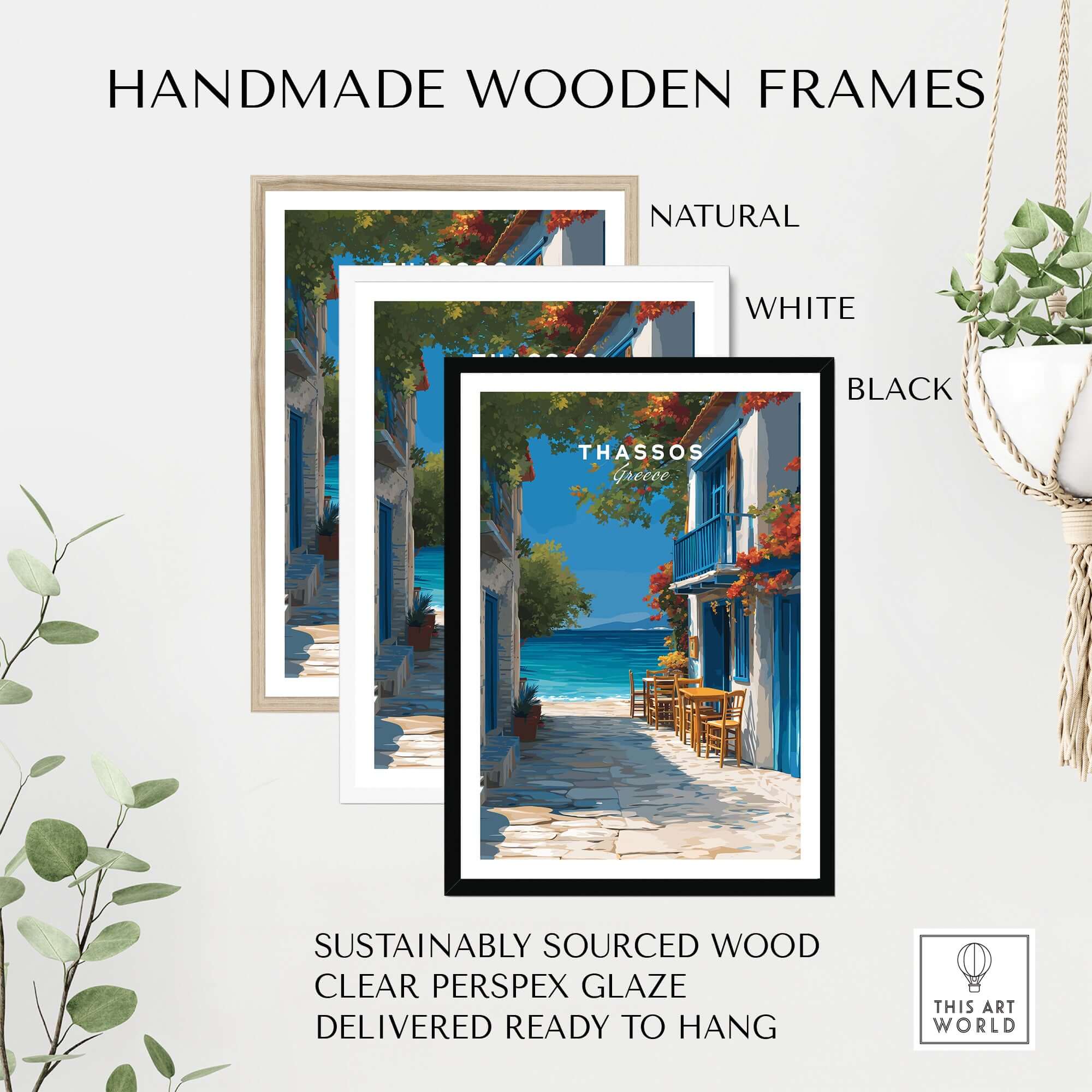 Thassos Poster | Greek Island Wall Decor in handmade wooden frames: natural, white, and black options.