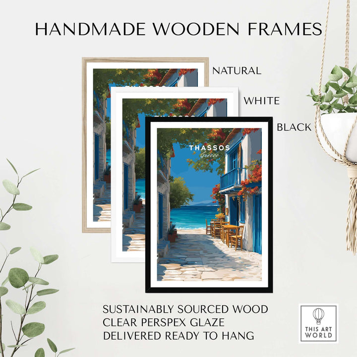 Thassos Poster | Greek Island Wall Decor in handmade wooden frames, featuring natural, white, and black options.
