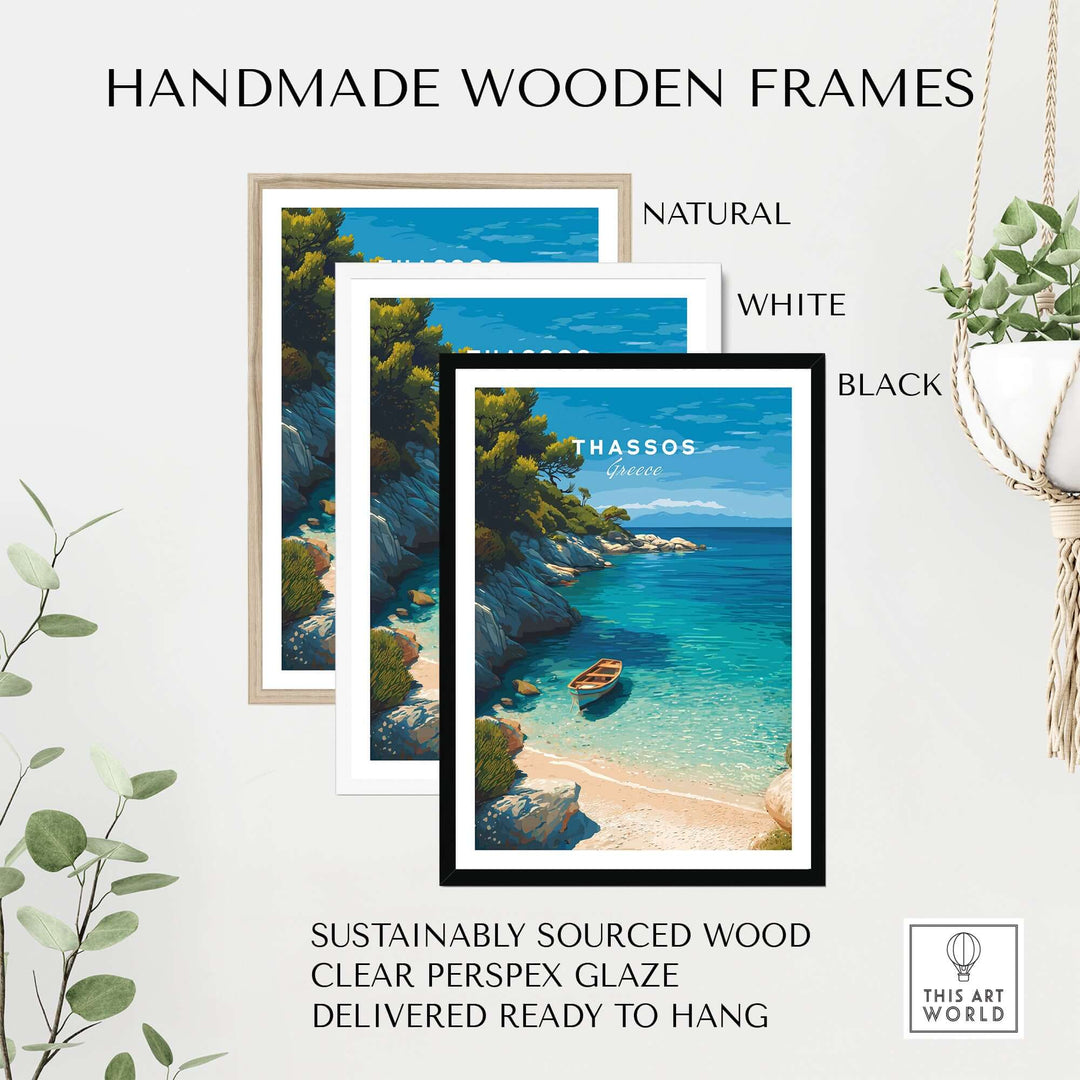 Thassos Print | Greek Island Travel Wall Decor featuring handmade wooden frames in natural, white, and black.
