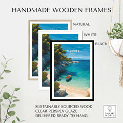 Thassos Print | Greek Island Travel Wall Decor framed in natural, white, and black handmade wooden frames.