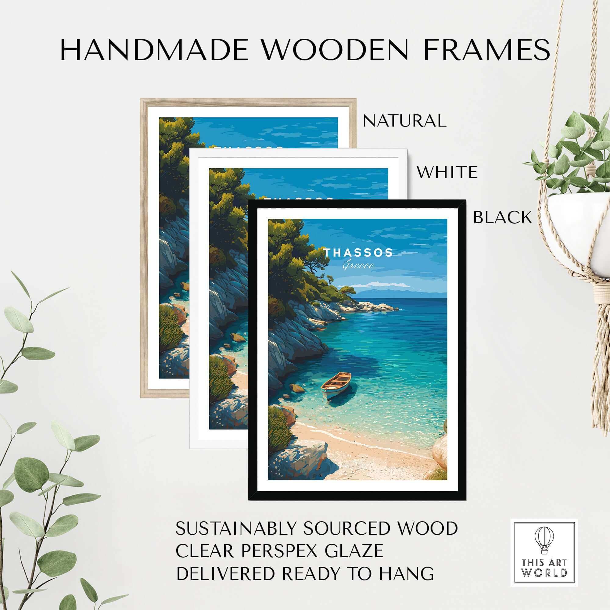 Thassos Print | Greek Island Travel Wall Decor framed in natural, white, and black handmade wooden frames.