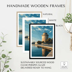 Thessaloniki Print | Greek City Home Decor - White Tower in handmade wooden frames showcasing natural, white, and black options.