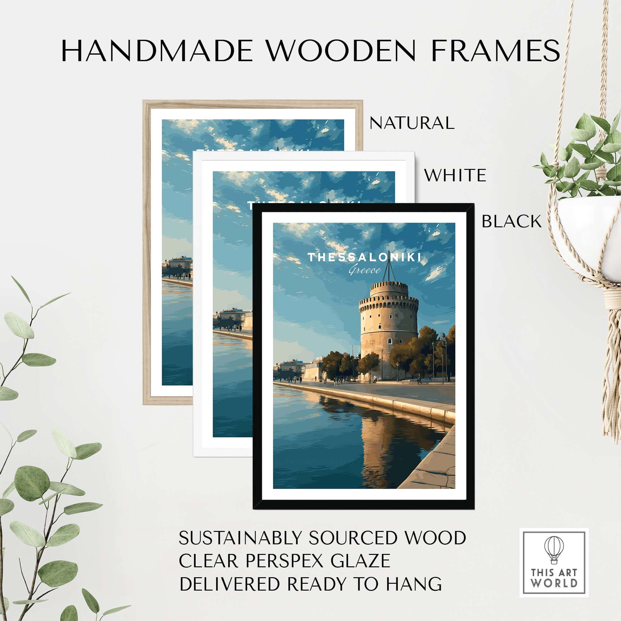 Thessaloniki Print | Greek City Home Decor - White Tower in handmade wooden frames showcasing natural, white, and black options.