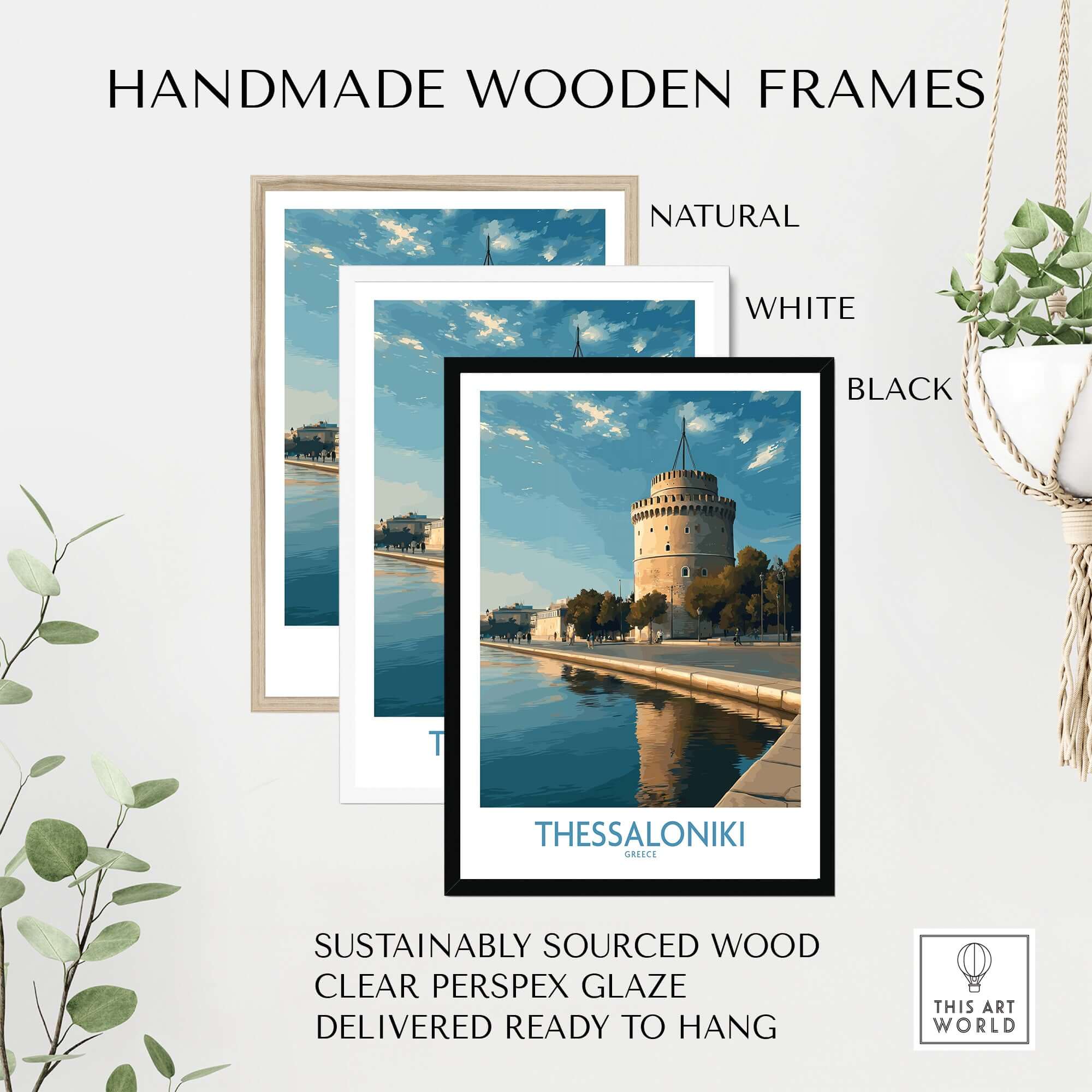 Thessaloniki Greece Print - White Tower of Thessaloniki in handmade wooden frames, available in natural, white, and black.