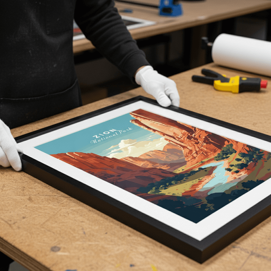 Person assembling handmade wooden frame for Zion National Park art print on worktable