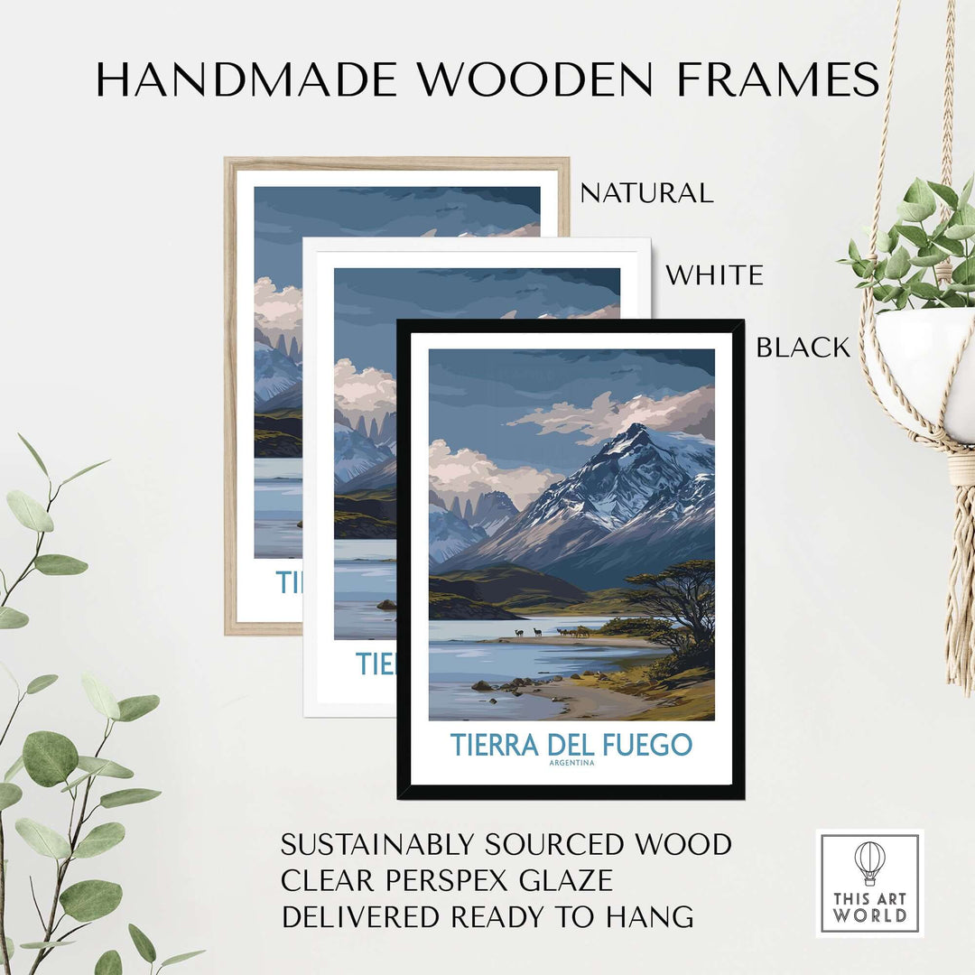 Handmade wooden frames in natural, white, and black for Tierra del Fuego Argentina Patagonian Wildlife Art Print | Snow-Capped Mountain Poster.