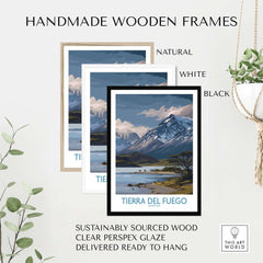 Handmade wooden frames for Tierra del Fuego Argentina Patagonian Wildlife Art Print | Snow-Capped Mountain Poster.