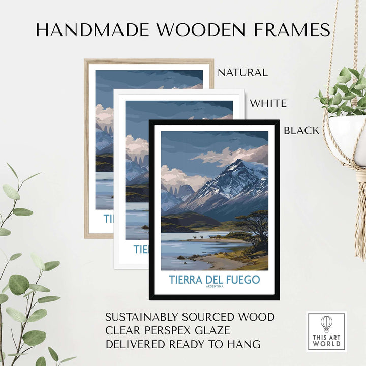 Handmade wooden frames in natural, white, and black for Tierra del Fuego Argentina Patagonian Wildlife Art Print | Snow-Capped Mountain Poster.