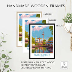 Tivoli Gardens Copenhagen Art Print - Iconic Landmark Poster Denmark framed in handmade wooden frames available in natural, white, and black.
