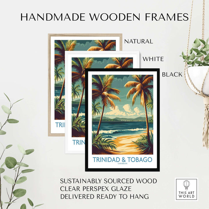 Handmade wooden frames for Trinidad & Tobago Caribbean Palm Beach Art Print | Tropical Shoreline Poster in natural, white, and black.