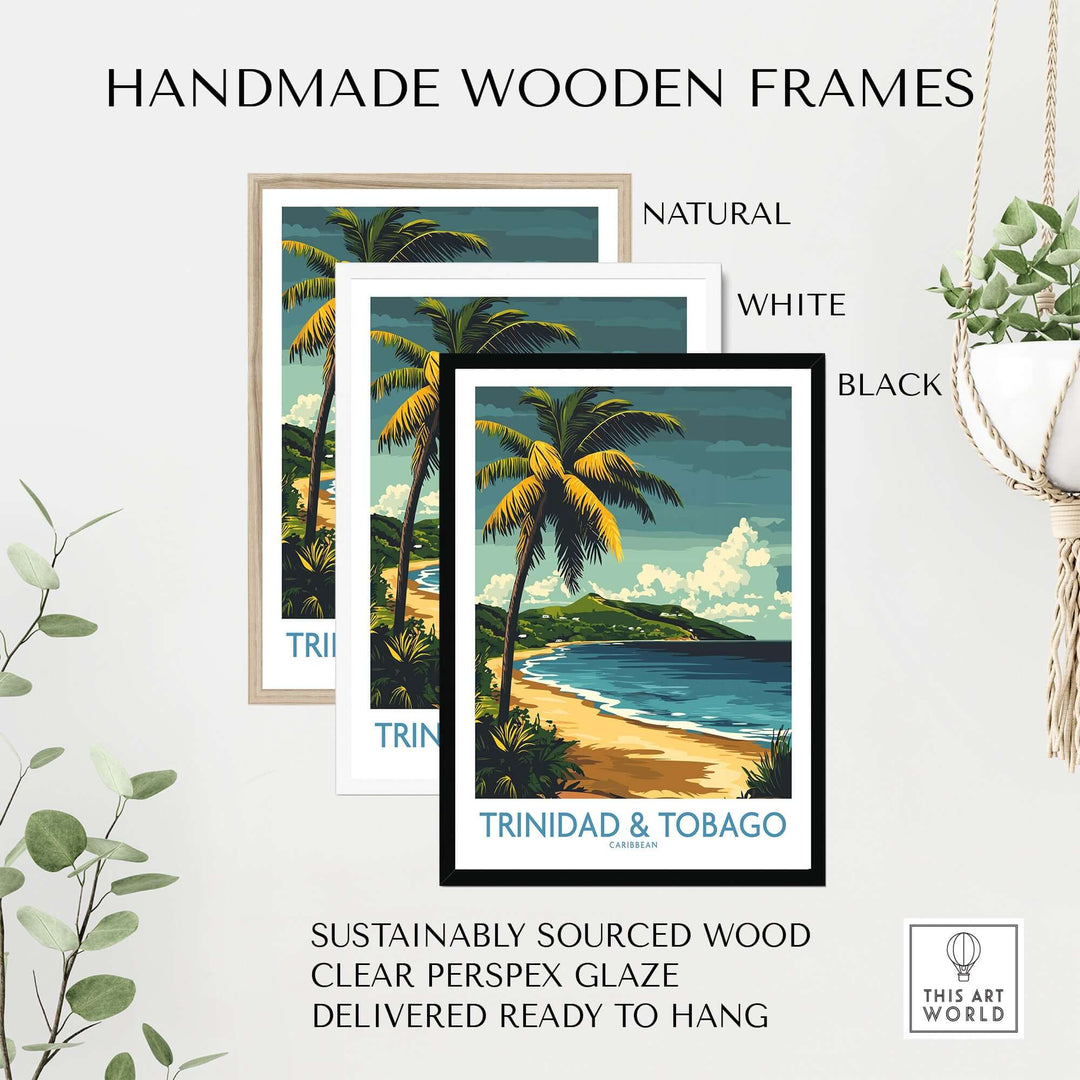 Trinidad & Tobago Caribbean Print | Tropical Poster featuring handmade wooden frames in natural, white, and black.
