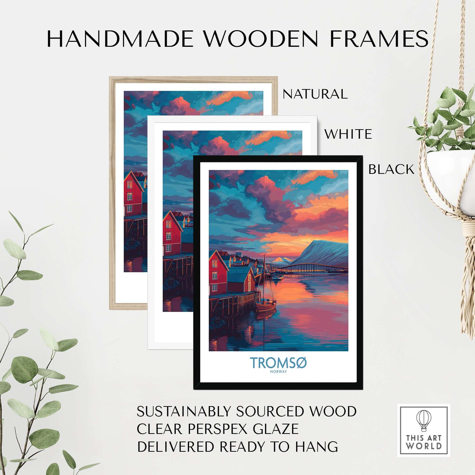 Handmade wooden frames for Tromsø Norway Arctic Art Print | Northern Lights Town Poster in natural, white, and black finishes.