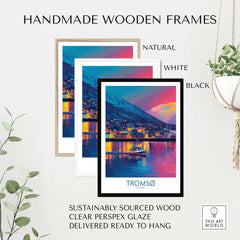 Handmade wooden frames for Tromsø Norway Winter Night Art Print | Colorful City Poster in natural, white and black.