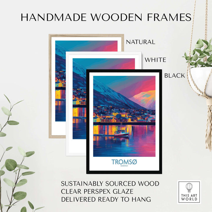 Handmade wooden frames in natural, white, and black for Tromsø Norway Winter Night Art Print | Colorful City Poster.