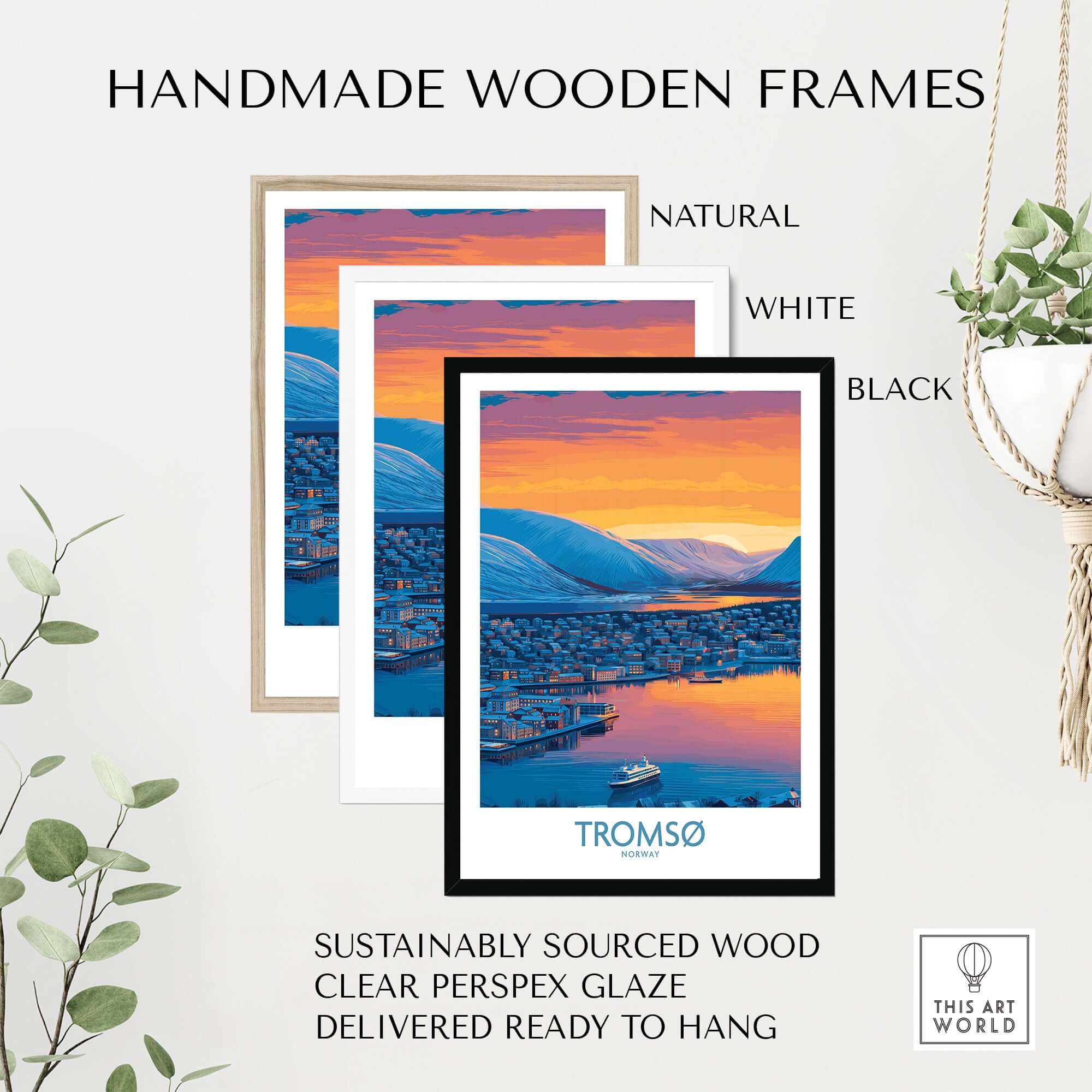 Handmade wooden frames in natural, white, and black options for Tromsø Norway Fjord Panorama Art Print | Arctic City Sunset Poster.