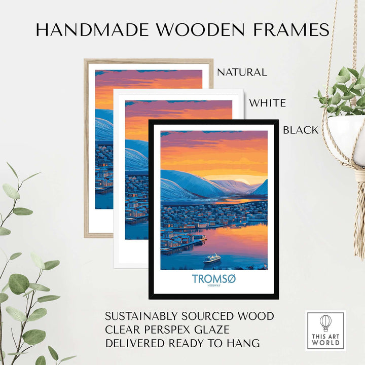Handmade wooden frames for Tromsø Norway Fjord Panorama Art Print | Arctic City Sunset Poster in natural, white, and black.