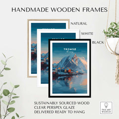 Handmade wooden frames for Tromsø Print | Nordic Home Decor Norway Poster in natural, white, and black colors.