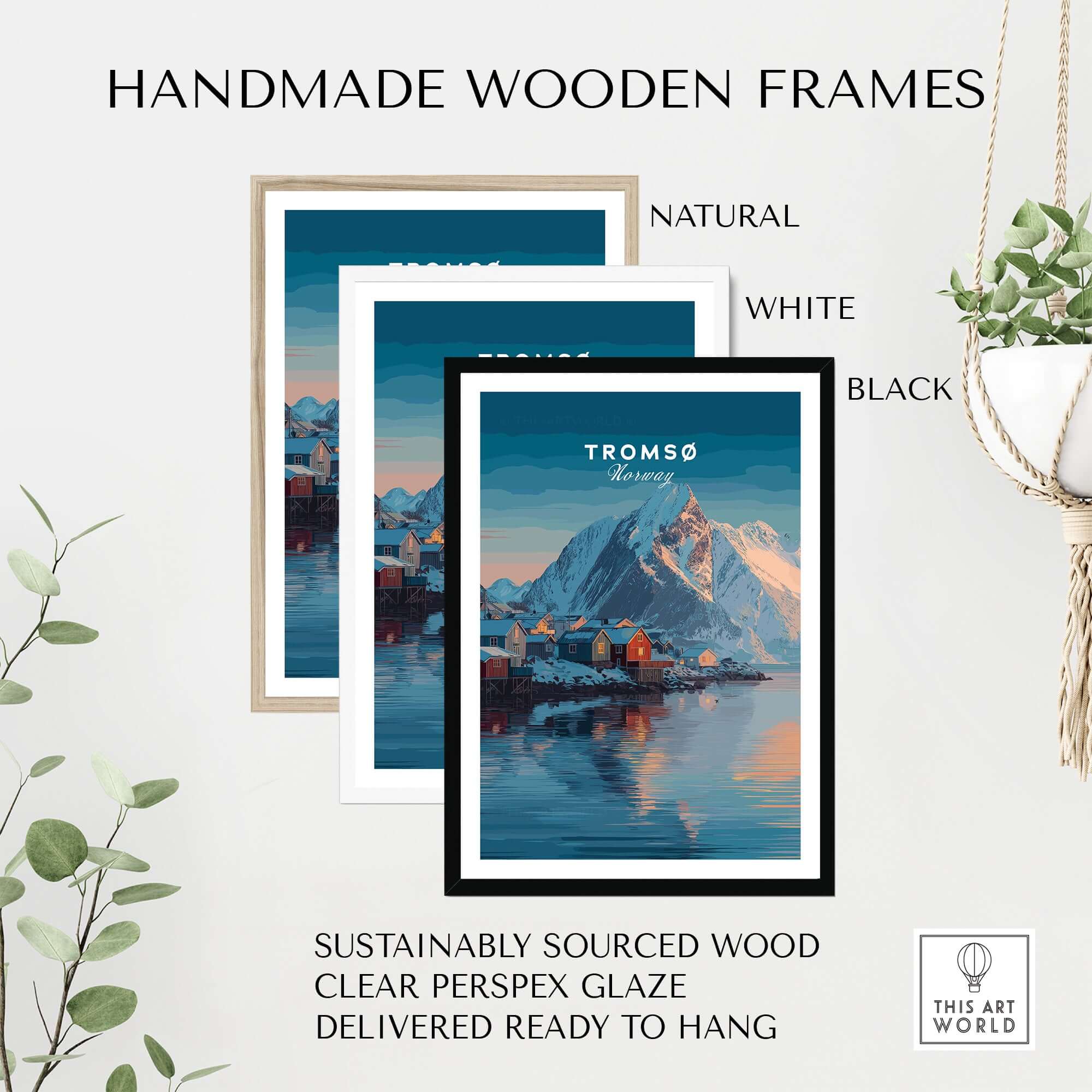 Handmade wooden frames for Tromsø Print | Nordic Home Decor Norway Poster in natural, white, and black colors.