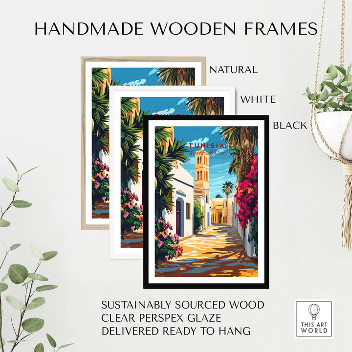 Handmade wooden frames in natural, white, and black for Tunisia art print, eco-friendly and ready to hang.