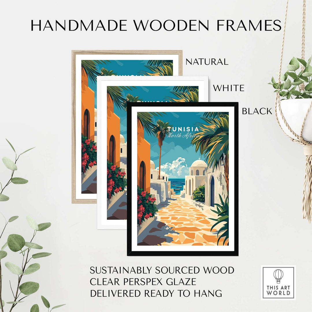 Handmade wooden frames in natural, white, and black for Tunisia art prints, featuring sustainably sourced wood.
