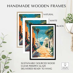 Tunisia Poster - Sidi Bou Said Art Print - Tunisian Wall Art - Mediterranean Home Decor in handmade wooden frames.