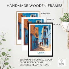 Tunisia Poster - North Africa Wall Art - Old Town Home Decor framed in handmade wooden frames in natural, white, and black colors.