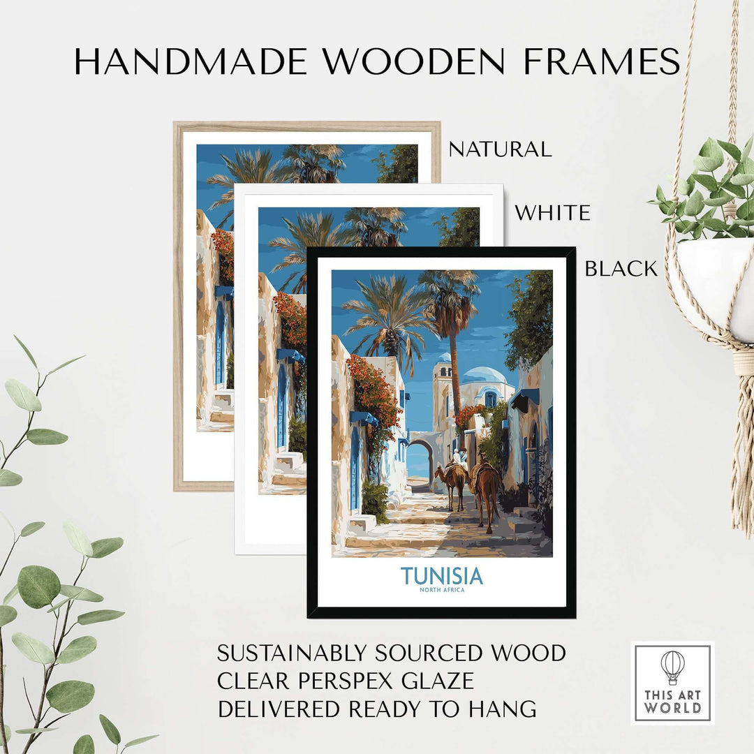 Handmade wooden frames in natural, white, and black styles for Tunisia wall art, made from sustainably sourced wood.